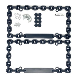 Universal Chrome Mega-Metal Round Chain Link Design License Plate Frame with Screws Caps, Set of 2 (Black)