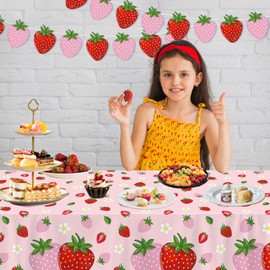 Pack of 4 Berries First Birthday Decoration Strawberry Tablecloth Berries Cute Disposable Tablecloth Strawberry Banner Girls Strawberry Theme Party Baby Shower Fruit Party Hanging Accessories