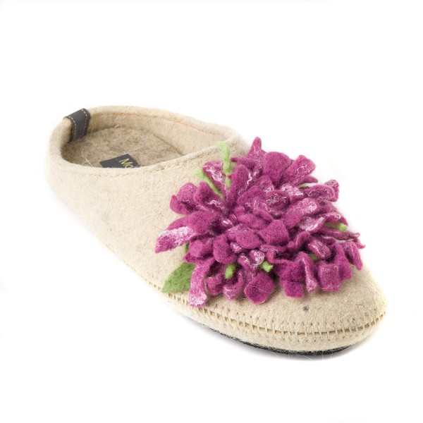 Made For You Women’s 100% Wool Slippers with Handmade Chrysanthemum flower, non-slip rubber sole and arch support insoles (Beige) 8 US