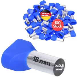 Kalitec AET2518BL Twin Wire End Ferrules Insulated 2 x 2.5 mm² 18 mm Long Blue I Made in Germany I Industrial Quality Pack of 100