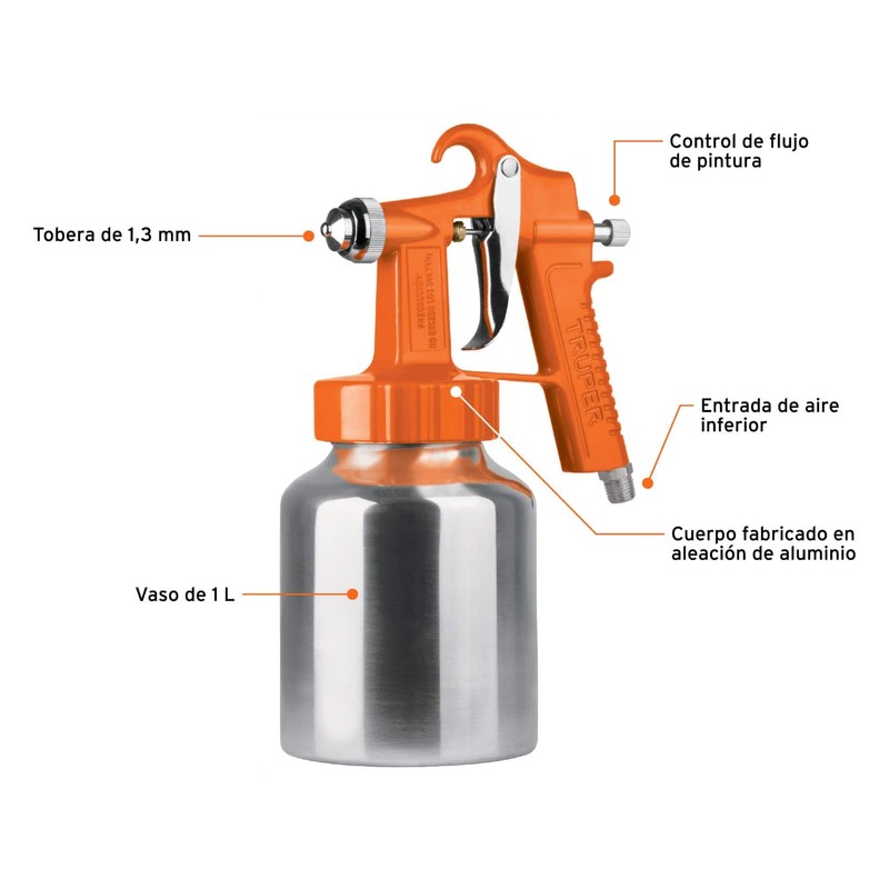 Truper PIPI-26, Pistola para pintar baja presión, naranja, entrada inferior