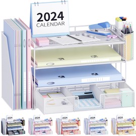 OPNICE Desk Organizer and Accessories, 4-Tier Desktop File Organizer with Drawer and 2 Pen Holders, Office Desk Accessories for Office Supplies(White)