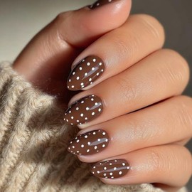 SXVME Uñas postizas marrones almendradas, 30 uñas postizas cortas con lunares, diseño de stiletto, con diseños, bonitas uñas postizas blancas con luna