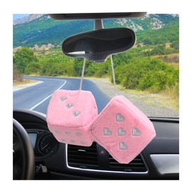 Dickno 2 PCS Fuzzy Plush Dice for Car Mirror, 3" Soft Retro Square Heart-Shape Rearview Mirror Ornament, Universal Interior Hanging Dice Decor Accessories for Women (Pink)