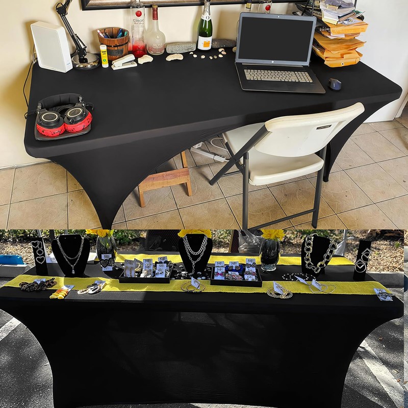Spandex Tablecloth [6FT, Black] for Rectangle Tables with Open Back,Elastic