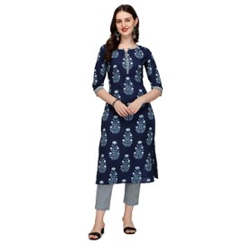 FIORRA Kurta recto de algodón puro con pantalón SET0046 para mujer, Azul / Patchwork, S