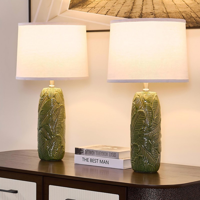 EUO 25” Green Lamps Set of 2 with Leaves Design