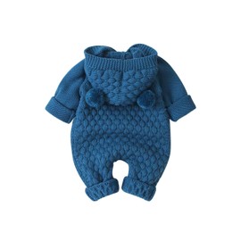 DovFanny Newborn Baby Winter Outfit Knitted Sweater Romper Infant Boy Girl Long Sleeve Hooded Jumpsuit Clothes Denim Blue（6-12M