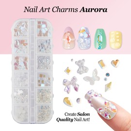 KISS Nail Art Charms & Dual Ended Rhinestone Picker Tool Nail Decoration Set, 3D Jewelry & Gem Kit for Salon Quality Manicure, Supplies & Accessories (Aurora)