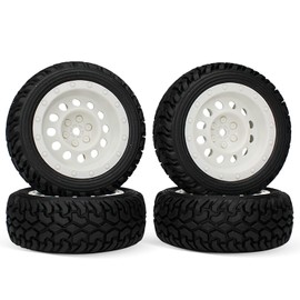 KINGCOO RC Car Tyres and Wheels Set, 4 Pieces 75 mm Rubber Tyres and Plastic Vintage Wheels Rims for 1/10 RC On-Road Racing Car 1/16 RC Rally Car for Kyosho Tamiya HSP HPI (White)