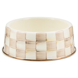 MACKENZIE-CHILDS Enamel Pet Bowl, Cute Cat and Dog Bowl for Food and Water, Large, Brown-and-White Mocha Check