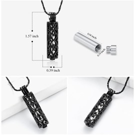 Cremation Urn Pendant Necklace with Hollow Cylinder Vial Keepsake Urn Cremation Jewelry Memorial Lockets for Ashes for Women Men (Black Silver)