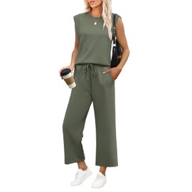 SAMPEEL Two Piece Sets for Women Vacation Summer Fashion Outfits Beach Travel Matching Sets Woman Clothing Spring Trendy Sleeveless Tops Crop Pants Set Green L