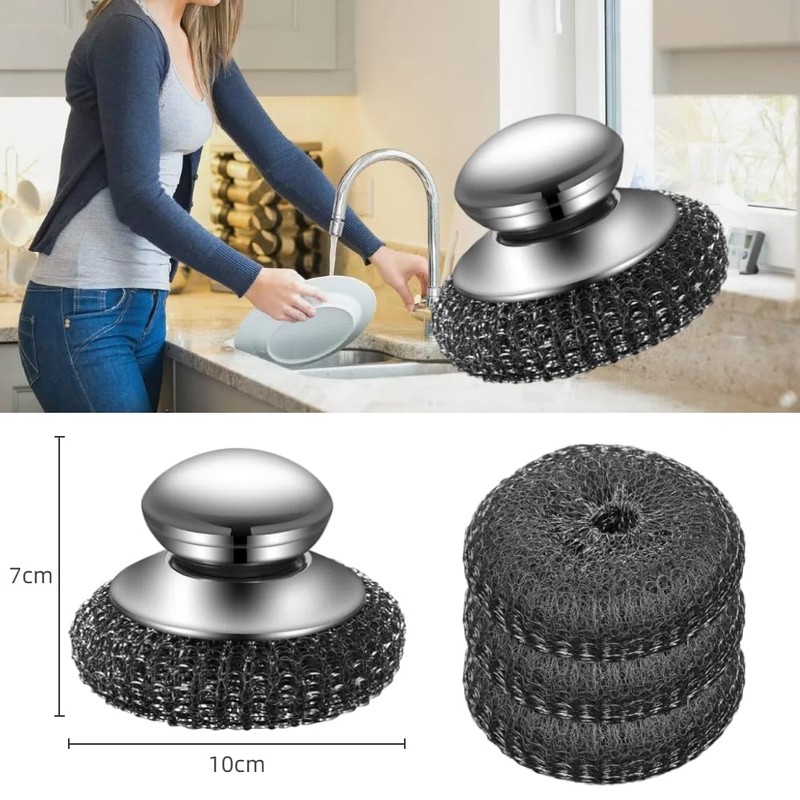 Jravezt ステンレスたわし キッチン カナダワシ 持ち手 本体+替え４個 金たわし焦げ取り 持ち手付き 鉄鍋洗い フライパン洗い