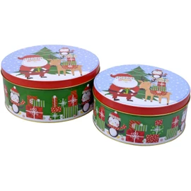 Round Nesting Tins With Holiday Print Designs Bundle of 2 Round Metal Tins with Lids for Cookies, Candy, Food Presents - 1- 6 and 3/4 Inches and 1- 6 inches Diameter