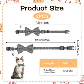 Jeffdad 2Pcs Cat Collar Breakaway, Cat Collar with Bells Bowtie Plaid Cat Collar Adjustable 7.5-12.5 Inch for Kitten Puppy and Small Pets (Black and gray plaid)