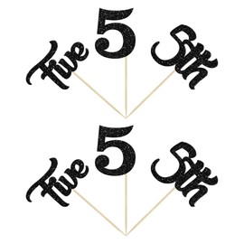 24 piezas 5 decoraciones para cupcakes con purpurina para 5 cumpleaños 5 cupcakes, decoración para baby shower, fiesta de 5 cumpleaños, suministros de decoración para tartas, color negro