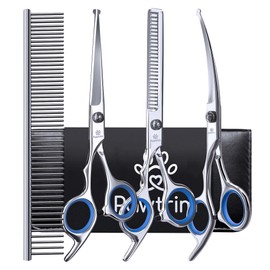 Pawtrim Professional Pet Grooming Kit – 5 in 1 Dog Grooming Scissors Kit - Dog & Cat Grooming Supplies - Adjustable Screw Scissors, 4CR Stainless Steel Dog Clippers, Hair Thinning Shears, Rubber Grips