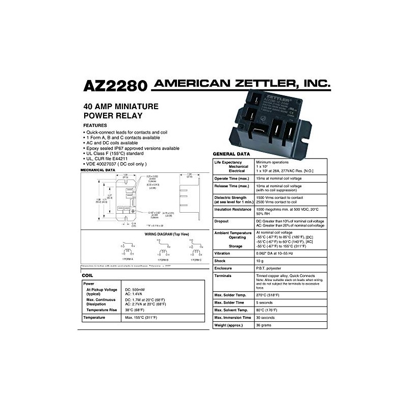 Zettler Mini Power Relay AZ2280-1C-24AF 30A 277VAC 28VDC -Universal 24
