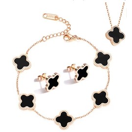 Four Leaf Clover Jewelry,3PcsTitanium Steel Necklace Earrings Bracelet Dainty Enamel Jewelry,Enamel Large Flower Gold Plated Station Chain Wrap Layer Clover Necklace,Women Necklace Bracelet Earrings