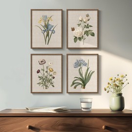 Framed Botanical Wall Art, 4 Piece Vintage Floral Canvas Painting Prints Artwork for Farmhouse Bathroom Wall Decor, Rustic Flower Butterfly Pictures for Bedroom Kitchen Hallway Home Decor, 8x10 Inch