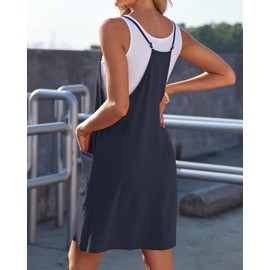 WNEEDU Womens Summer Dresses 2025 Sleeveless Casual Dress Spaghetti Strap Beach Sundresses with Pockets Navy Blue 2XL