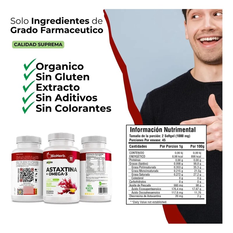 BioHerb Astaxantina 12mg Omega 3 EPA y DHA Fórmula Premium