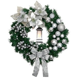 GloBrite 40cm Christmas Wreath with Bows, Baubles & Lantern | Christmas Wreaths for Front Door | Christmas Door Wreaths Home Decor Christmas Decorations Christmas Outdoor Decorations - Silver