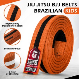 GOSPEL Sports Brazilian Jiu Jitsu Belts Preshurunk Martial Arts Youth BJJ Belts for Girls & Boys with BJJ Ranking Stripes (Orange Black, K2)