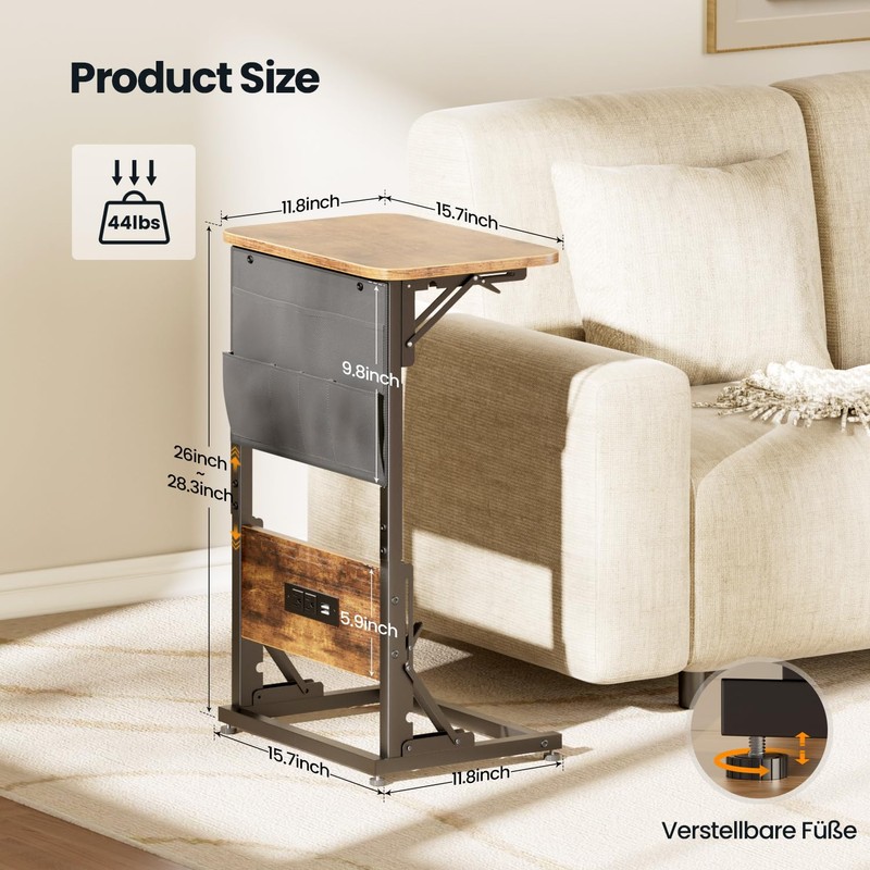HLDIRECT C Shaped End Table with Charging Station, Couch Side