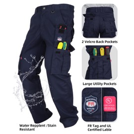 BOCOMAL FR Pants for Men Cargo Pockets Flame Resistant/Fire Retardant Navy Elastic Waist Water & Oil Repellent Finish