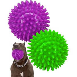Pweituoet 4.5” Heavy Duty Squeaky Dog Balls for Medium Large Dogs, Dog Toys for Aggressive Chewers, Spike Ball Toys for Clean Teeth and Training(2 Pack) (4.5" Purple and Green)