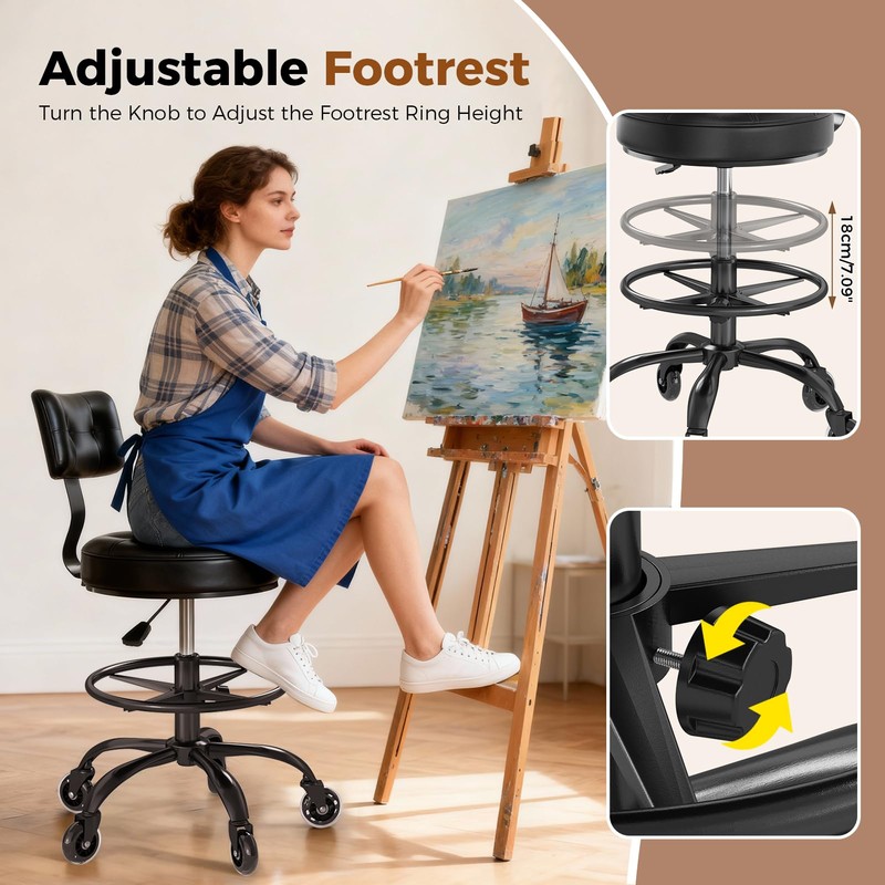 FREEKYROCK Office Drafting Chair with Footrest, Tall Height Adjustable Stool