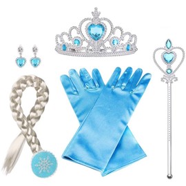Vicloon Elsa Princess Dress Up Accessories, Crown Wand Blue Gloves Tiara braids Necklace Earrings Set of 7