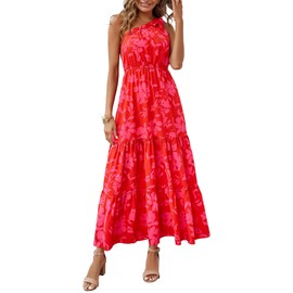 PRETTYGARDEN PRETTYGARDEN Women's Summer Floral Maxi Dress Knot One Shoulder Sleeveless Ruffle Flowy Boho Beach Wedding Guest Dresses (Red Floral,Small)