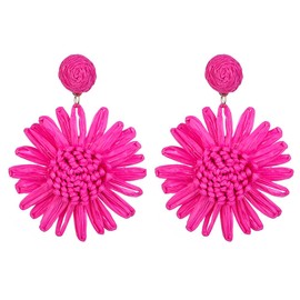 Kercisbeauty Hot Pink Daisy Flower Raffia Braid Earrings for Women Summer Beach Party Boho Earrings (Hot Pink)