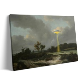 Retro UFO Canvas Wall Art, Alien Spaceship Pictures Print Framed Art, Surreal Abduction Victorian Landscape Oil Painting Artwork, Sci-Fi Wall Decor for Living Room and Bedroom 8x10inch