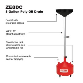 Zeeline By Milton ZE8DC, Rolling Oil Drain Pan, 8 Gallon Oil Drain with Adjustable Funnel, 2 Inch Drain Port with Cap, Wide Drain Pipe for Faster Draining, Oil Drain with 4 Swivel Casters