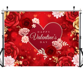SJOLOON Valentine‘s Day Backdrop Red Heart Flowers Backdrop Valentine Day Photo Backdrop for Valentine’s Day Party Decoration 12494 (7x5FT)