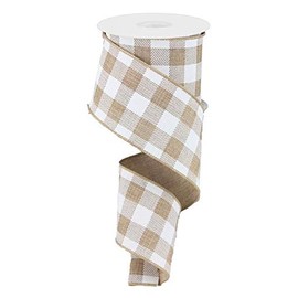 Plaid Check Wired Edge Ribbon, 50 Yards (Light Tan, White 2.5")