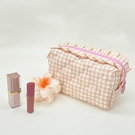 Lyssiatina Handmade Cotton Quilted Makeup Bag for Purse,Ruffie Cosmetic Bag with Zipper,Cute Girly Pouches for Purse，Checked Travelling Toiletries Bag(Pink)