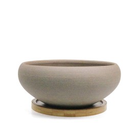 MUZHI Round Unglazed Ceramic Bonsai Pot with Bamboo Tray, Large Rough Pottery Succulent Planter with Drainage Hole 8 inch …