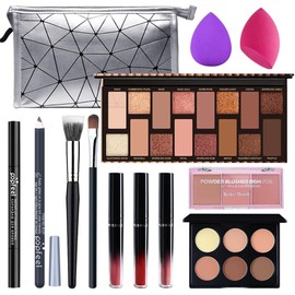 Kit de Maquillaje para Mujer, Incluye Paleta de Sombras de Ojos de 16 Colores, Rubor, Paleta base correctora, delineador de ojos, Esponja, Brocha, Lápiz para Cejas