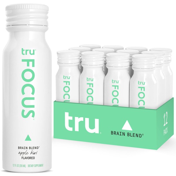 Tru Focus Wellness Shots (12-Pack) Energy Drink Focus Supplement with Yerba Mate, Nootropics, Adaptogens, CoQ10 - Apple Kiwi Flavored Shots for Brain Fog - 2 oz each
