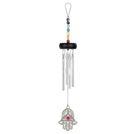 Sonic Energy Mini Chakra Chime Hamsa - Small Wind Chime with 4 Chimes - Decoration and Gift - 30cm - Silver Aluminium (HCC12MINI)