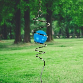 LJLIFART Gazing Ball Spiral Decorative Wind Spinner 13 Inch with Swivel Hook and 2 inch Aquamarine Glass Ball Unique Gift and Hanging Decor for Indoor Outdoor Garden Decoration