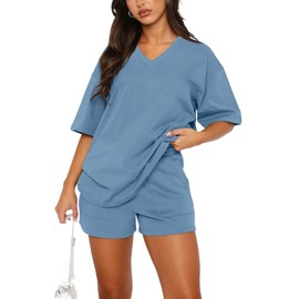 REORIA Women Cotton V Neck Tracksuit Set Lounge Wear Sets Short Sleeve Two Piece Outfit Solid Color Co Ord Sets Grey Blue L