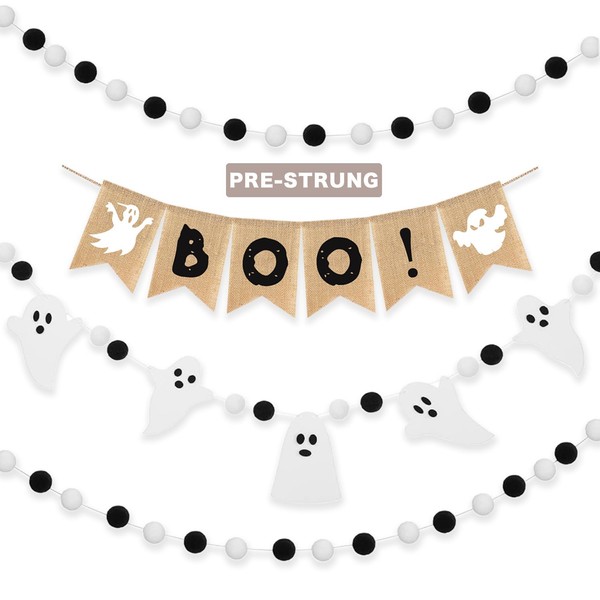 Boo Banner, 4 Pcs Halloween Natural Burlap Bunting Pennant and