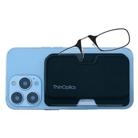 ThinOptics Readers with Wallet - Armless On-Nose Reading Glasses - Slim Wallet Attaches to Phone - MagSafe Compatible - Black 1.00x