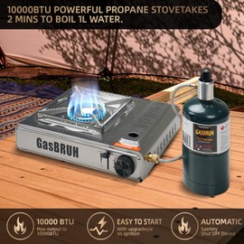 GasBRUH Propane or Butane Stove with Windblocker & Carry Case, Upgrade Dual Fuel 10000BTU Stainless Steel Portable Camping Gas Stove for Camping,Tailgating,Outdoor Cooking,Emergency(Fuel not included)